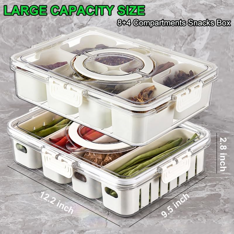 2 Pack Divided Serving Tray with Lid and Handle, Food Storage Box with 12 Plastic Compartment Platters, Portable Snack Platters Clear Organize, Candy Fruits Veggie Snacks Party Entertaining Picnic