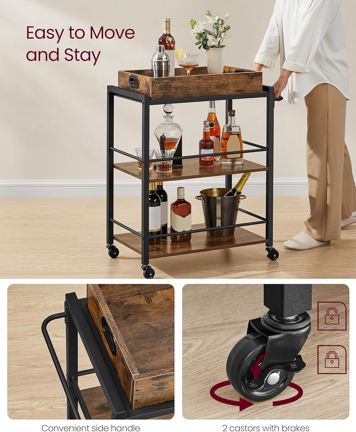 VASAGLE Industrial Bar Cart for the Home, Serving Cart with Wheels and Handle, 3-Tier Beverage Cart with Removable Tray and Storage Shelves for Living Room Kitchen, Rustic Brown and Black ULRC72X - Black image number 5