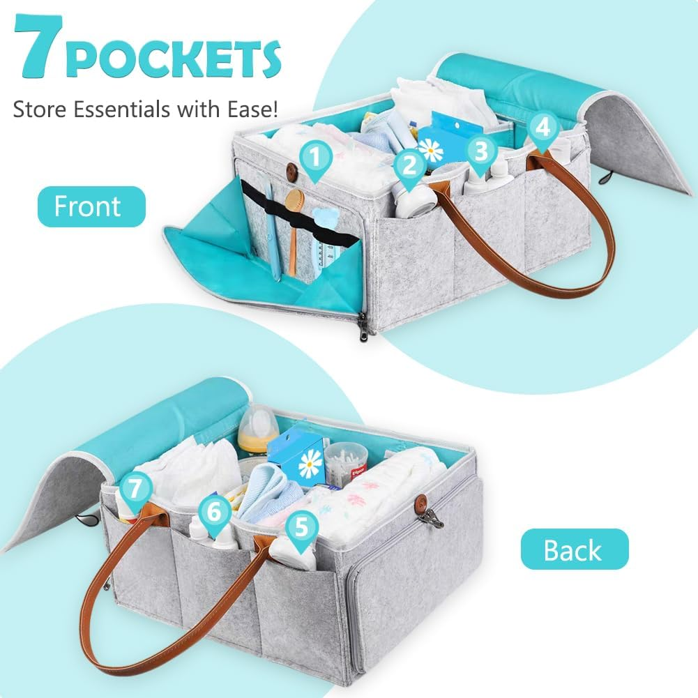 TINY SPARK Baby Diaper Caddy Organizer with Lid,Large Diaper Caddy with 7 Pockets and 5 Compartments,Foldable Diaper Tote Bag with Leather Handle for Travel, Car, Changing Table