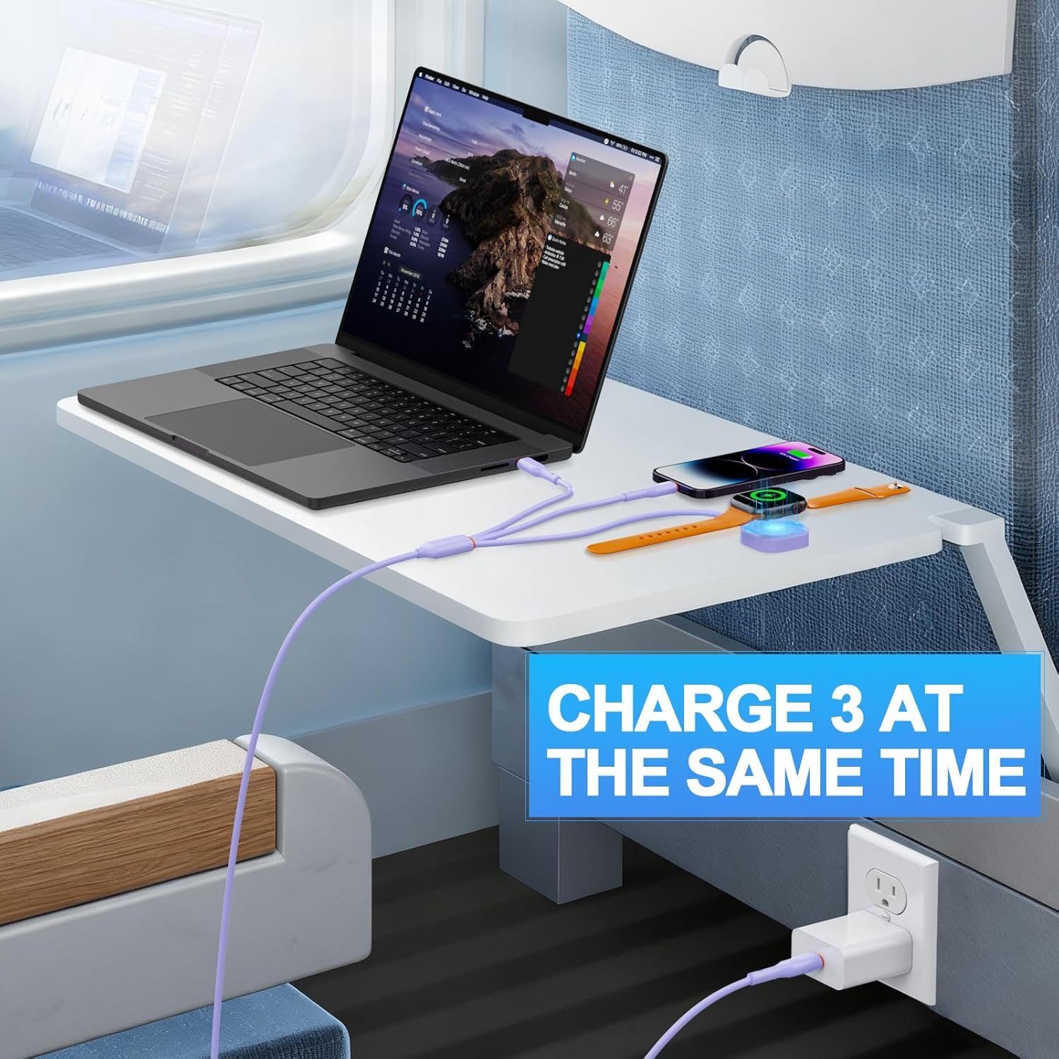 3-In-1 USB-C Fast Charging Cable 100W, 2M Multi Charger with USB-C, Lightning and Watch Charger &ndash; PD Fast Charge Durable Cable for Iphone, Ipad, Samsung and Android Devices (Purple) - White image number 6