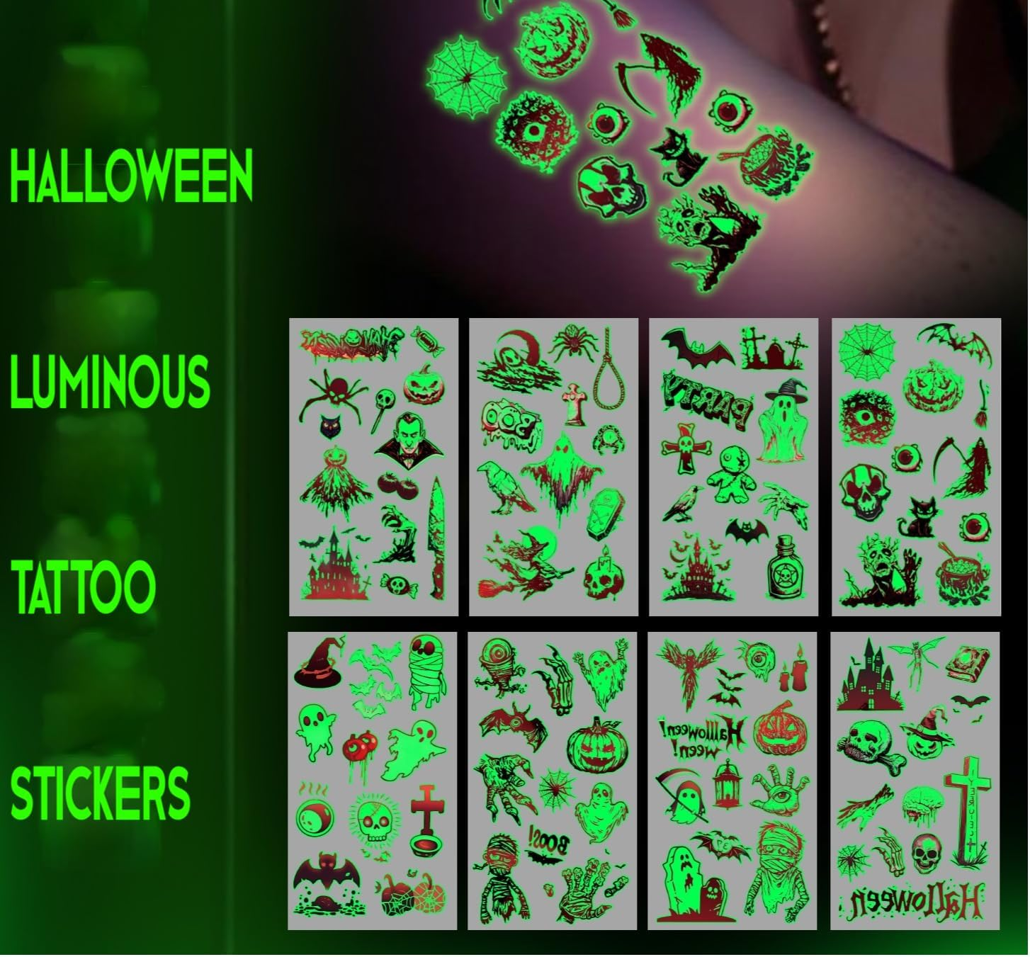 10 Sheets Halloween Temporary Tattoos for Kids,Halloween Tattoo Luminous Stickers Stocking Stuffers Halloween Party Favors Glow in Dark，Tattoos Face Make up Gift Filler Decoration for Boys Girls image number 2