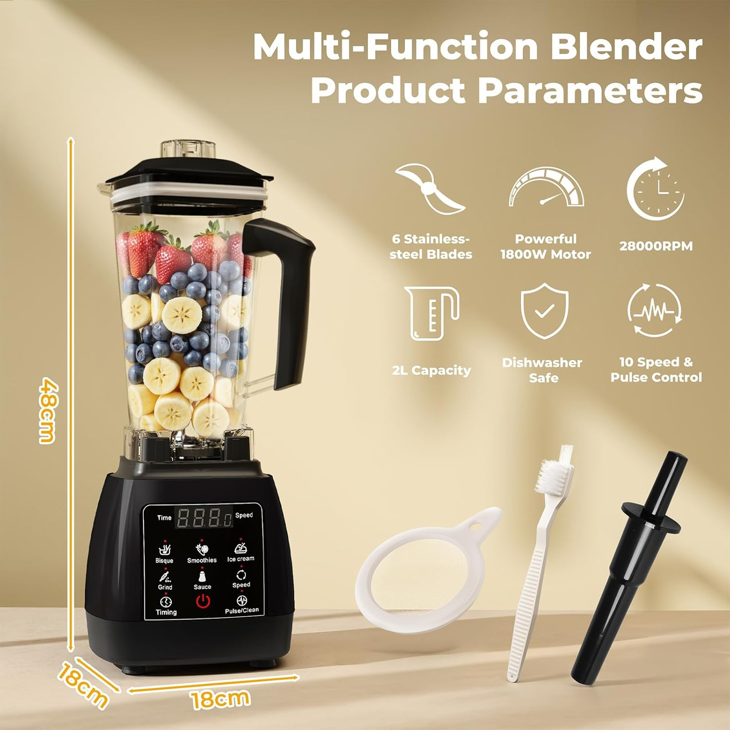 Spector 2L High Speed Commercial Blender, Mixer Food Processor, Juicer Smoothie with Timer, Ice Breaker, Ice Crush, 5 Modes, 10 Speeds, 1600W Power Motor, Blend, Chop, Grind & Pur&eacute;e, Black - Red image number 3