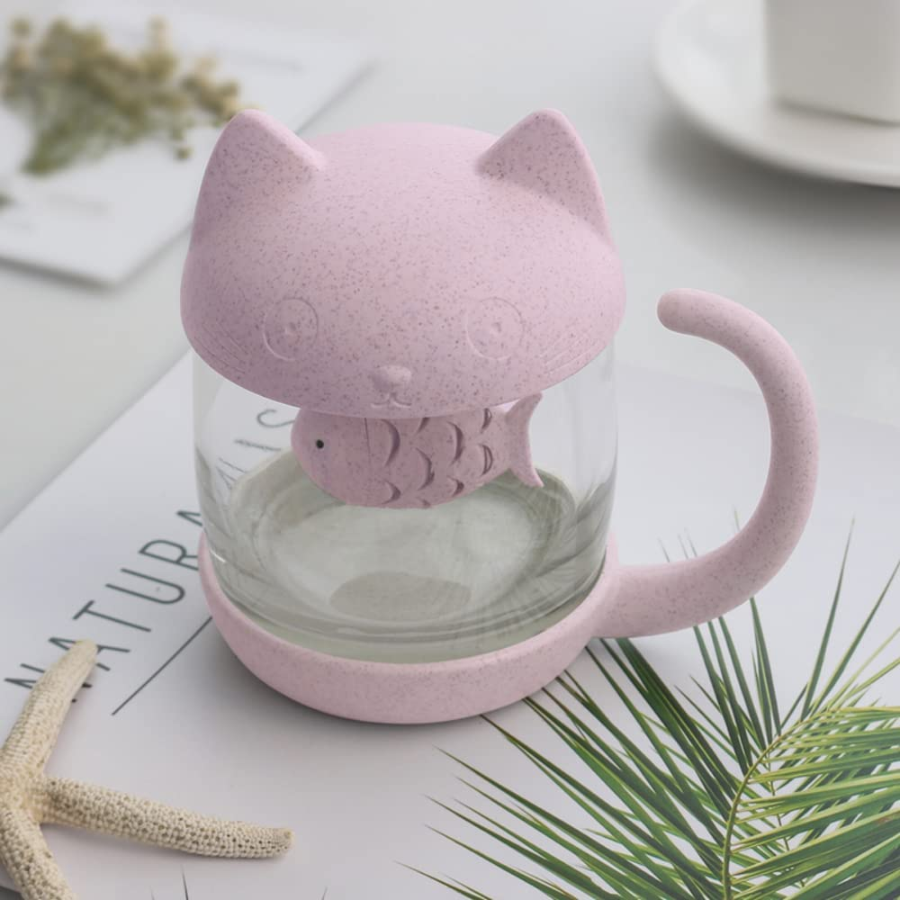 Cat Glass Tea Mug Water Bottle-With Fish Tea Infuser Strainer Filter 250ML（8OZ） (Pink) image number 4