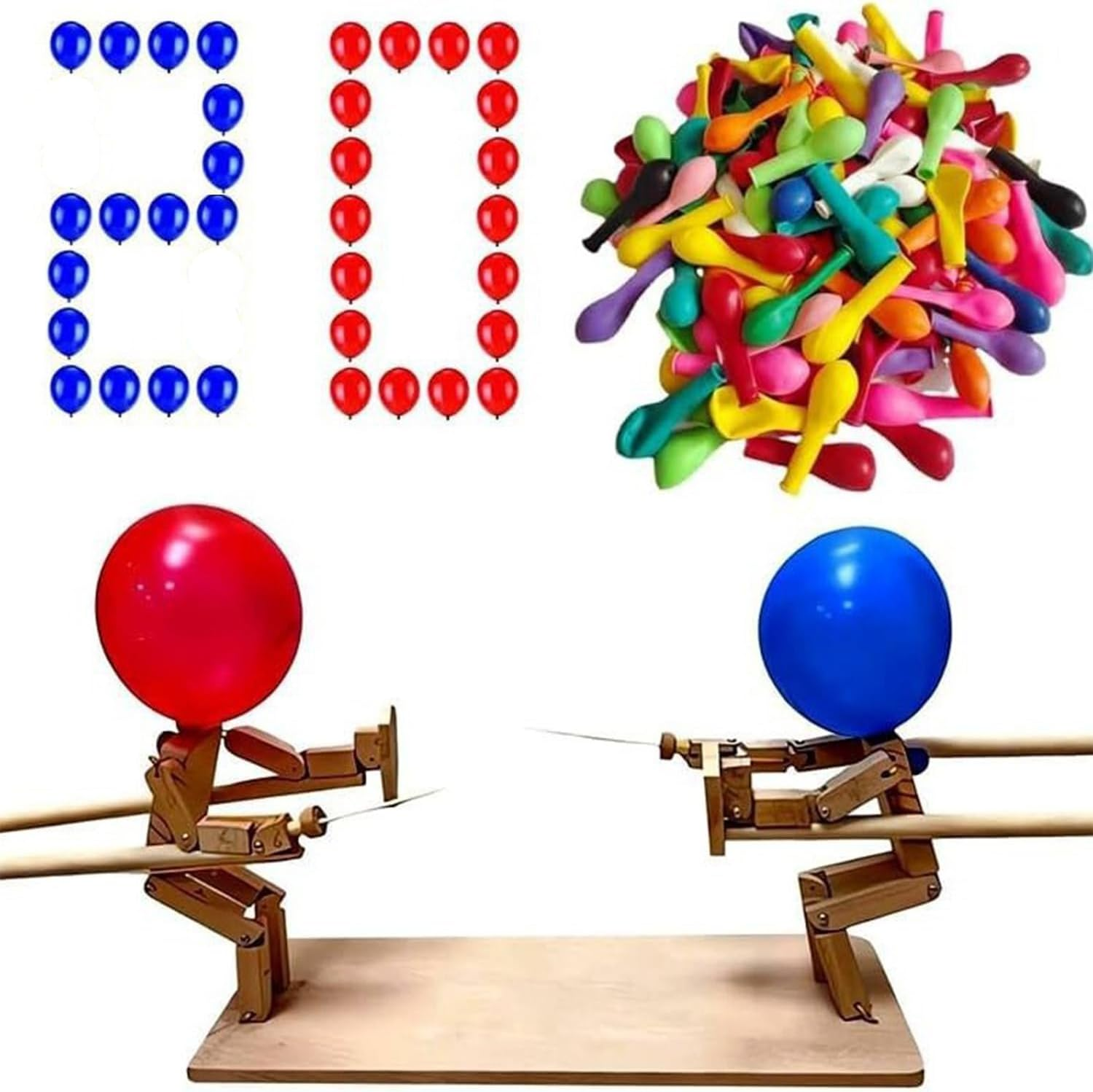 Balloon Bamboos Man Battle 2-Person Wooden Robot Battle Game Handmade Wooden DIY Bamboo Man Fghting Toy Handmade Wooden Fencing Puppets Fast-Paced Balloon Fight Whack a Balloon Party Games image number 2