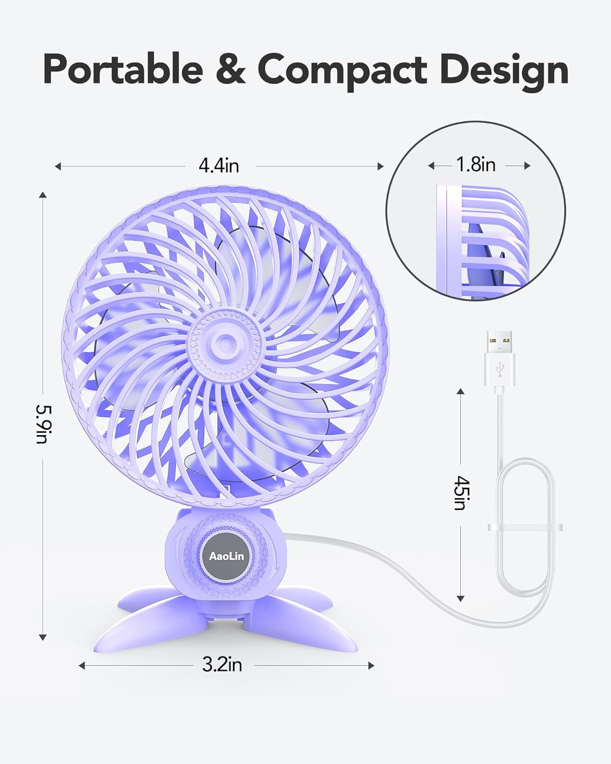 Aaolin USB Small Fan, Desk Fans with CVT Variable Speeds, Strong Cooling Airflow, Quiet Portable, Desktop Mini Personal Fan for Room, Home,Office, Bedroom-Usb Powered (Purple) - Blue image number 7