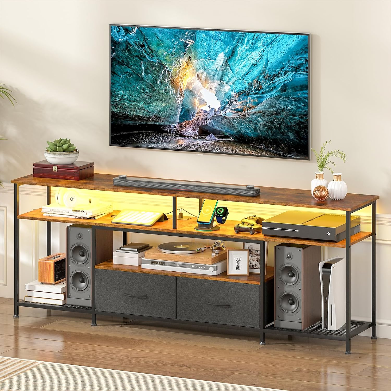 Advwin TV Unit Cabinet 140Cm with 16-Color RGB LED & Charging Station, TV Stand with 5 Storage Drawers & Open Shelf, Entertainment Center for Living Room, Bedroom, Black