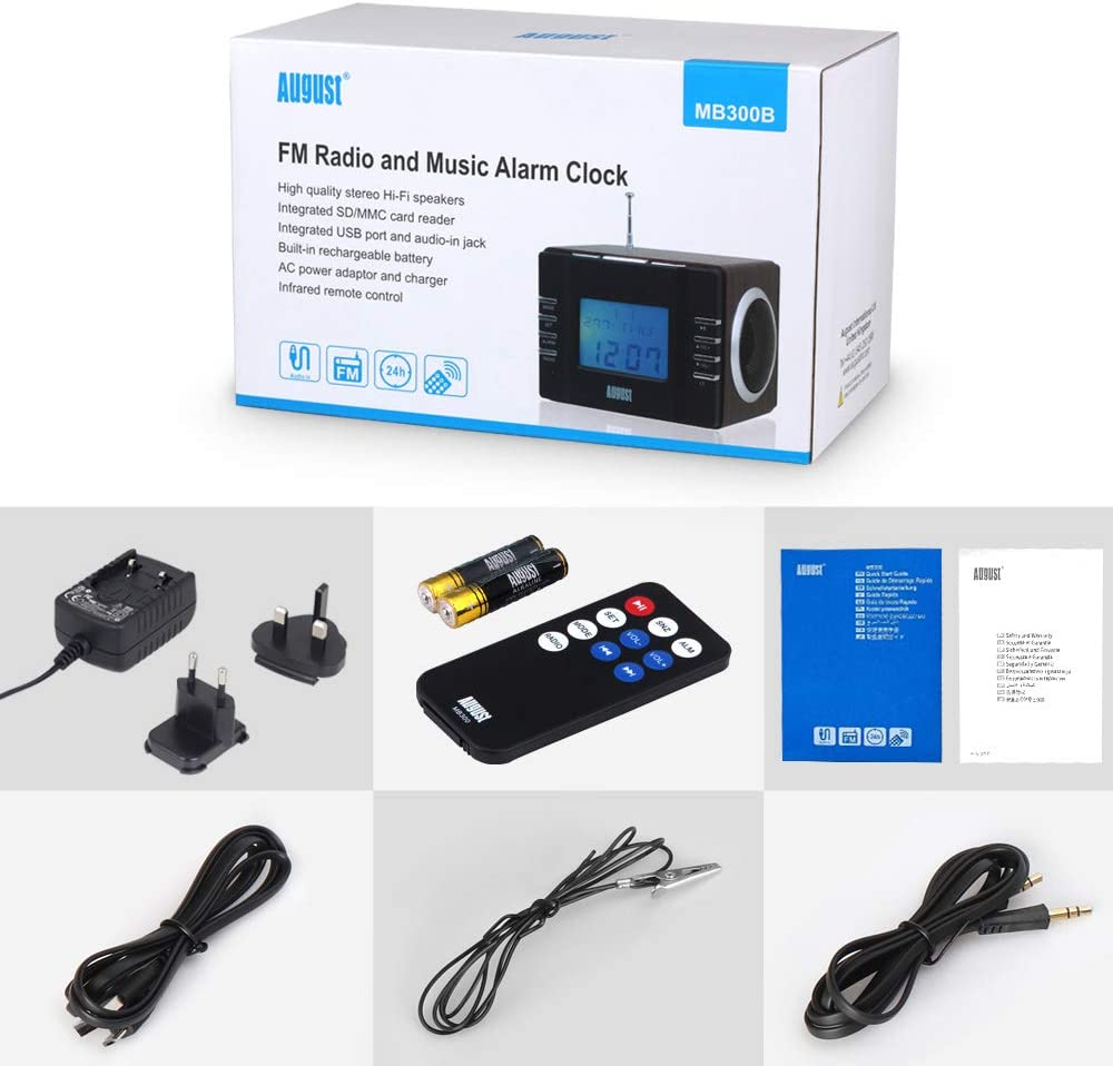 Clock Radio with MP3 Alarm - August MB300 - Wake to Your Favourite Music from USB and SD or FM Station - Rechargeable Portable Speaker with Remote Control [Dark Wood] image number 3