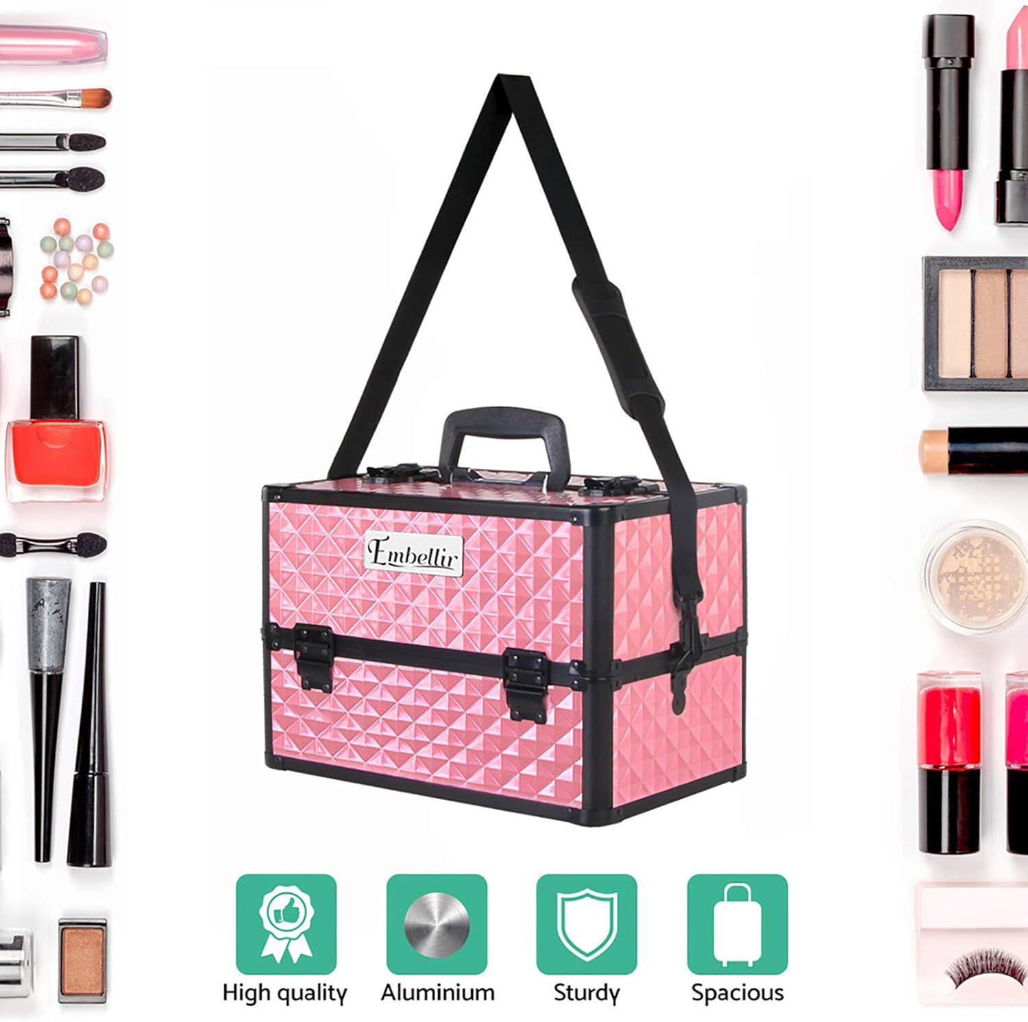 Embellir Makeup Case, Aluminium Lockable Beauty Cases Suitcase Make up Large Organisers Storage Portable Toiletry Cosmetic Box Travel Indoor Outdoor, with 4 Trays Shoulder Strap 8 Dividers Pink image number 4