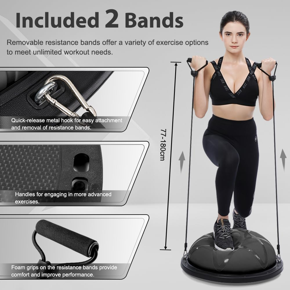 300KG Half Balance Ball Trainer,7Pcs Half Exercise Balance Ball Trainer Set with 2 Resistance Bands,Yoga Ball&Foot Pump,58Cm Stability Ball for Full Body Workout,Exercises,Home Gym,Physical Therapy - Black image number 3