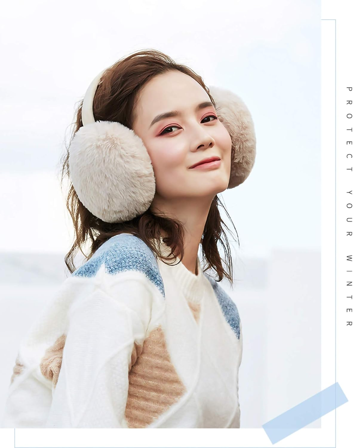 LCXSHYE Winter Ear Muffs Faux Fur Warm Earmuffs Cute Foldable Outdoor Ear Warmers for Women Girls - Beige image number 3