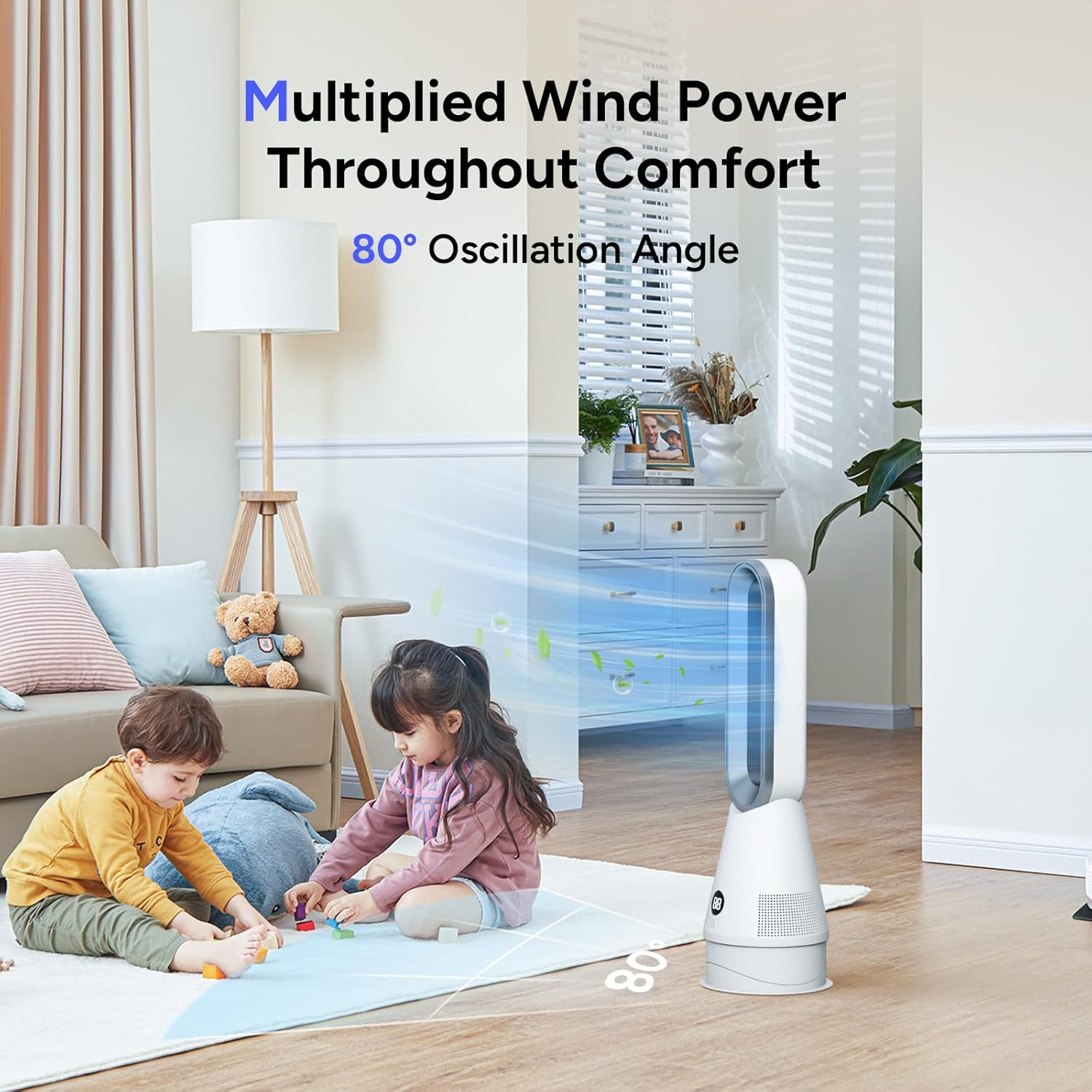 Bladeless Heater Fan, 25Inch Heating & Cooling & Filter Combo Tower Fan 80&deg; Oscillating, 9H Timer, 8 Speeds, Portable Quiet for Indoor, Bedroom, Home Office Room image number 6