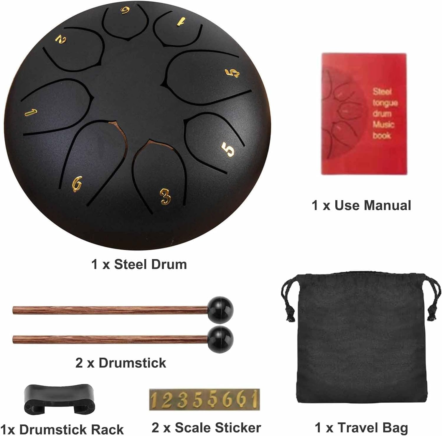 Steel Tongue Drum 6 Inch 8 Notes Hand Drums with Bag Sticks Music Book, Professional Steel C Key,Drum for Beginners Adults and Children(Black) image number 1
