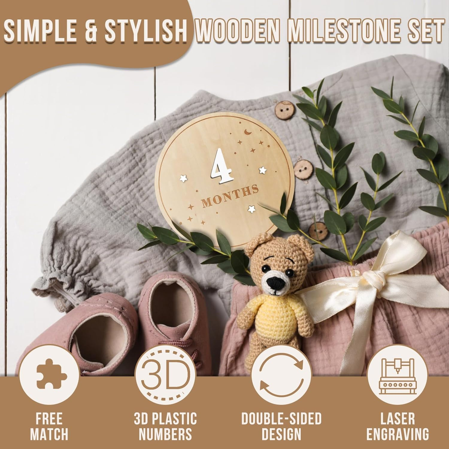 Baby Monthly Milestone Disc - Double-Sided 3D Birth Announcement Sign, 5.9" Wooden Disc with Numbers 1-12 for Monthly Milestones, Newborn Photo Props & Baby Shower Keepsake Gift (White) image number 4