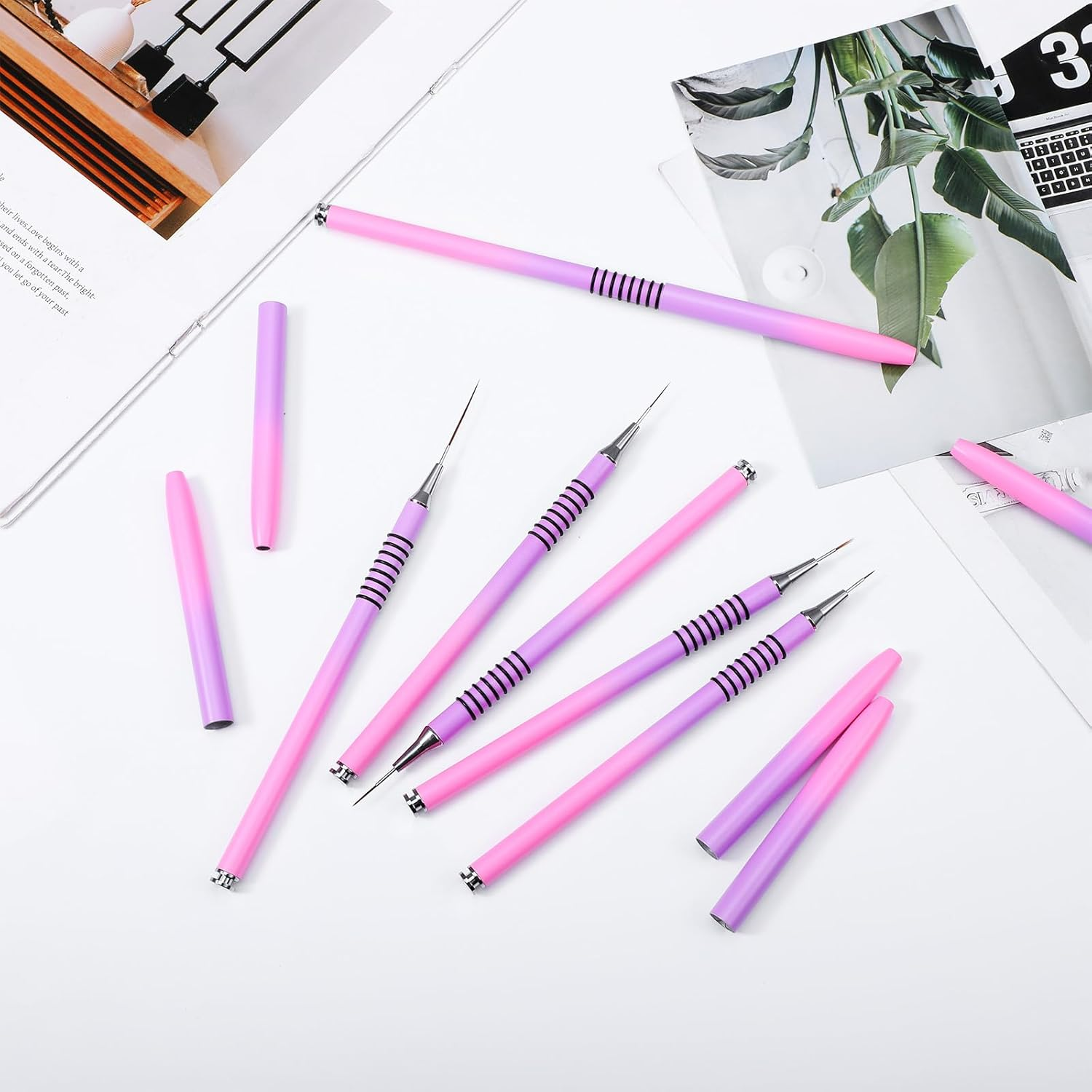 6 Pcs Nail Art Liner Brushes, Nail Art Design Brush Metal Handle Striper Brushes Nails Arts Tools with Striping Nails Arts Brush for Long Lines Thin Details Drawing 5/7/9/11/20/25Mm (Gradient) image number 5