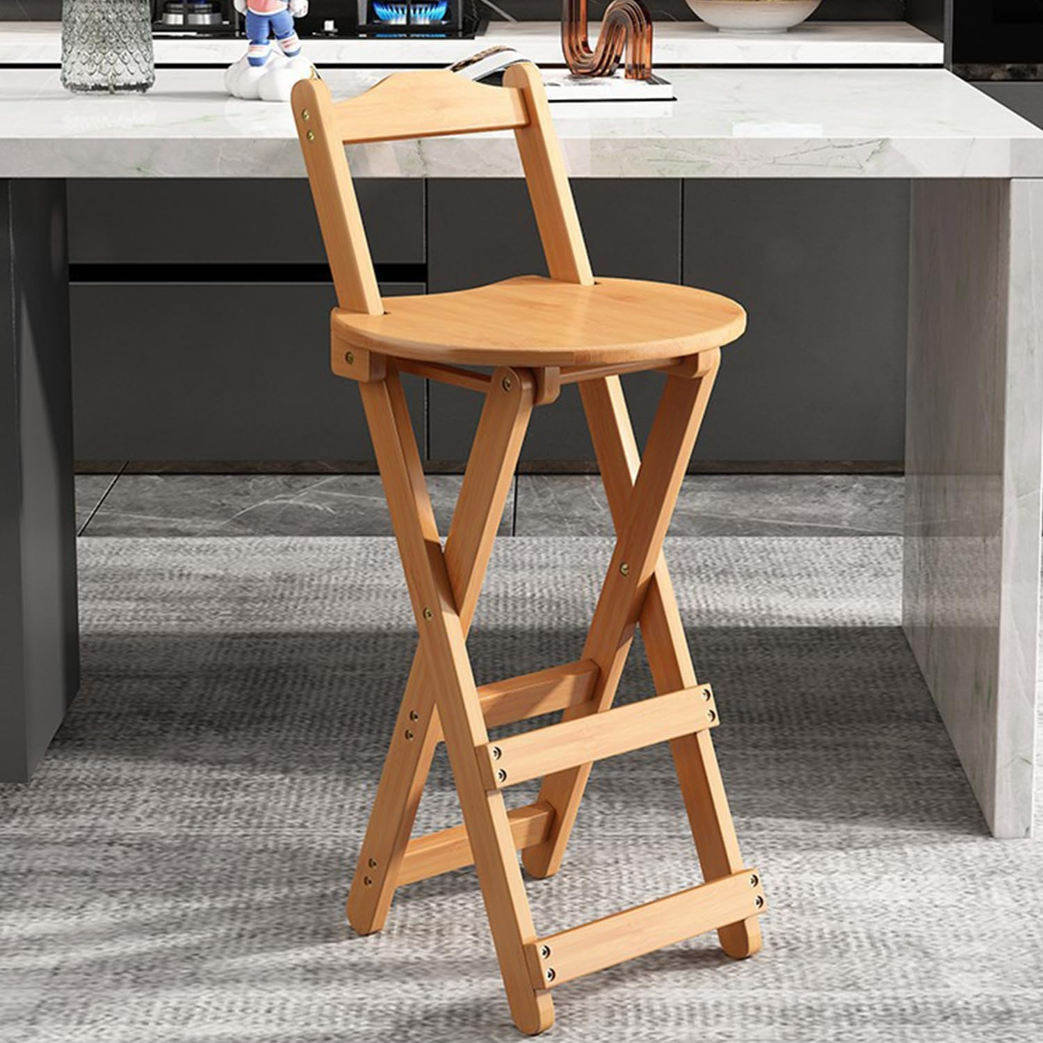 Uandhome Bamboo Folding Bar Stool,Kitchen Counter Stools with Backrest and Footrest,Portable Bar Chairs for Home Kitchen Island Breakfast,No Assembly (Wood) - Walnut image number 3