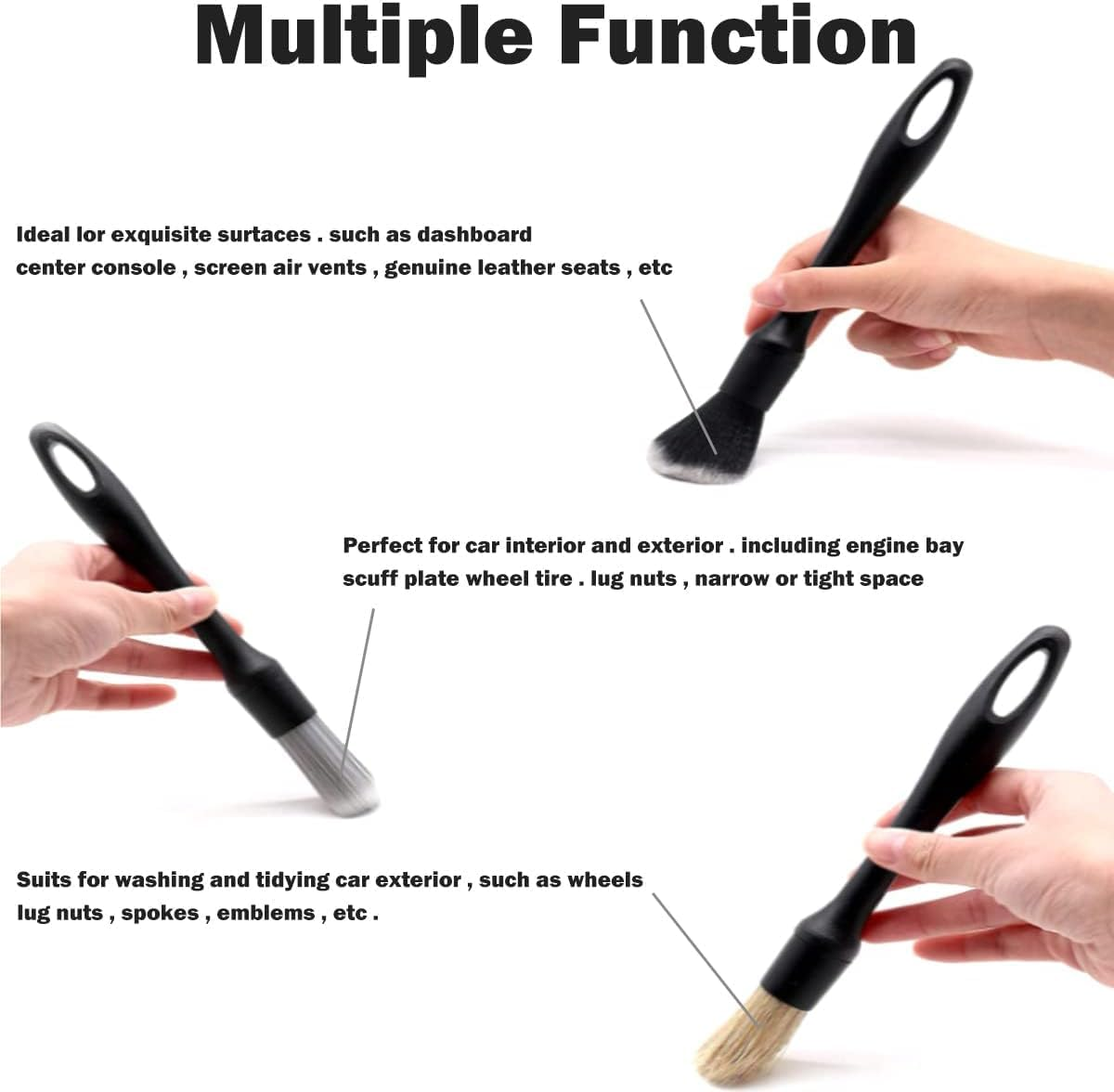 3Pcs Car Detailing Brush Kit, Soft Boar Hair Detail Brush Set, Interior Detailing Microfiber Wheel Cleaning Brush for Cleaning Dashboard, Air Vents, Emblems, Wheels image number 1