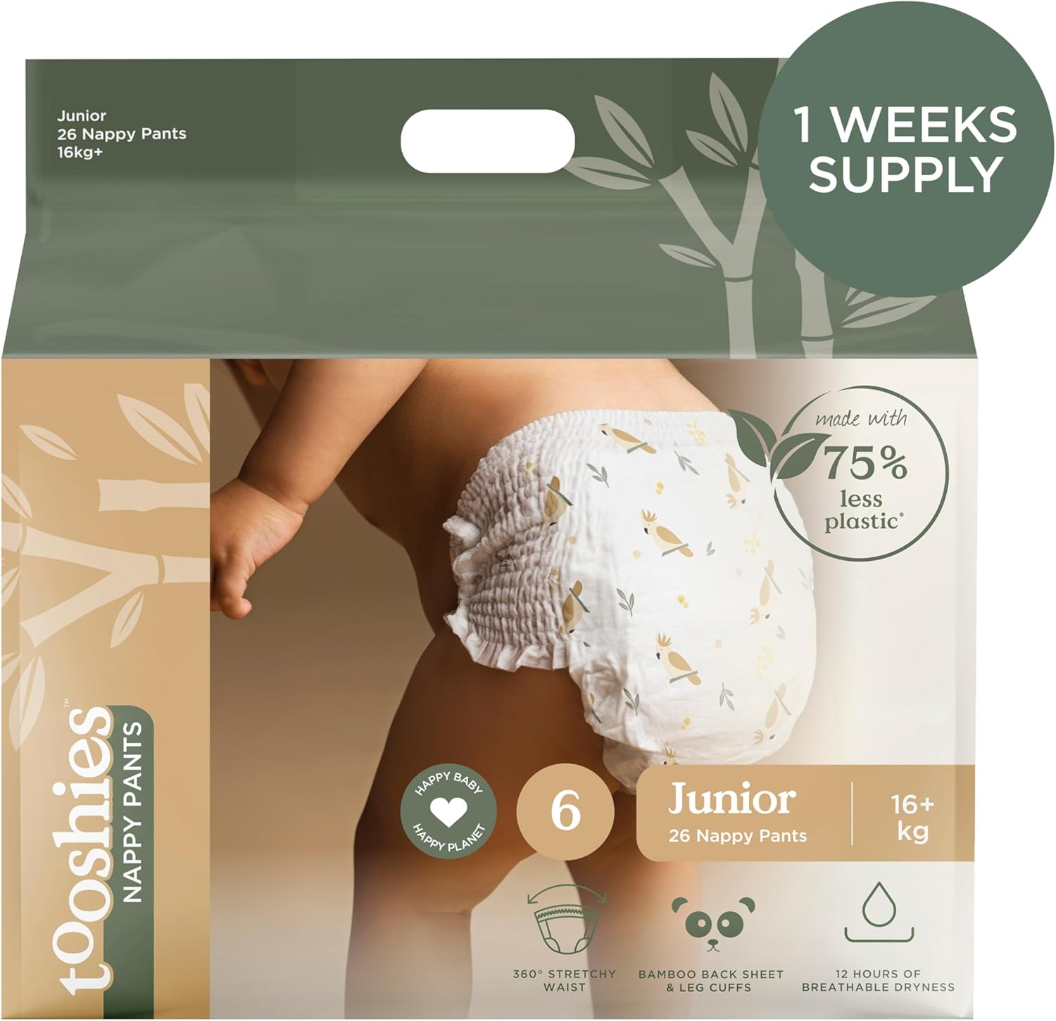 Tooshies Nappy Pants | Size 6 Junior 16Kg+ | 75% Less Plastic | 12 Hours Leak Free | Pull up and Tear off | Unisex |Cockatoo Print | 26Pk | 1 WEEK SUPPLY image number 5