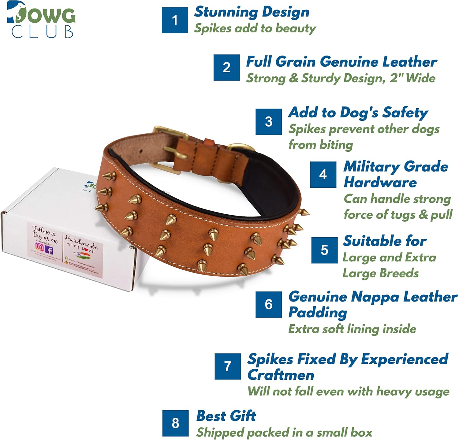Dowgclub | Genuine Leather Spiked Dog Collar | Full Grain, Heavy Duty | Comfortable, Strong, Best for Medium, Large, XL Breeds | (L (Fit Neck Size 18.5"-22.5"), Brown with Gold Spikes)
