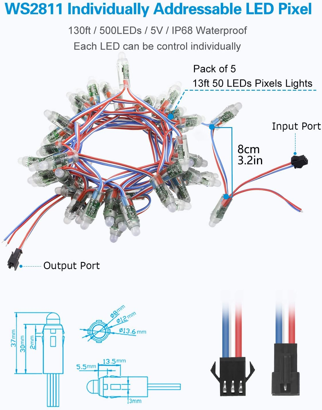ALITOVE 500Pcs WS2811 12Mm Diffused Digital Dream Color RGB LED Pixel String Light Individually Addressable LED Pixels Module for LED Screen Wall Outdoor Advertising Board Signs IP68 Waterproof DC 5V