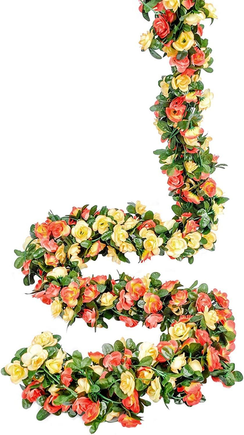 KEPTFIT 3 Pcs 135 Flowers Rose 24.6 FT Flower Garland Fake Rose Vine Artificial Flower Hanging Rose Ivy Home Hotel Office Wedding Arch Arrangement Party Garden Craft Art D&eacute;cor (Yellow)