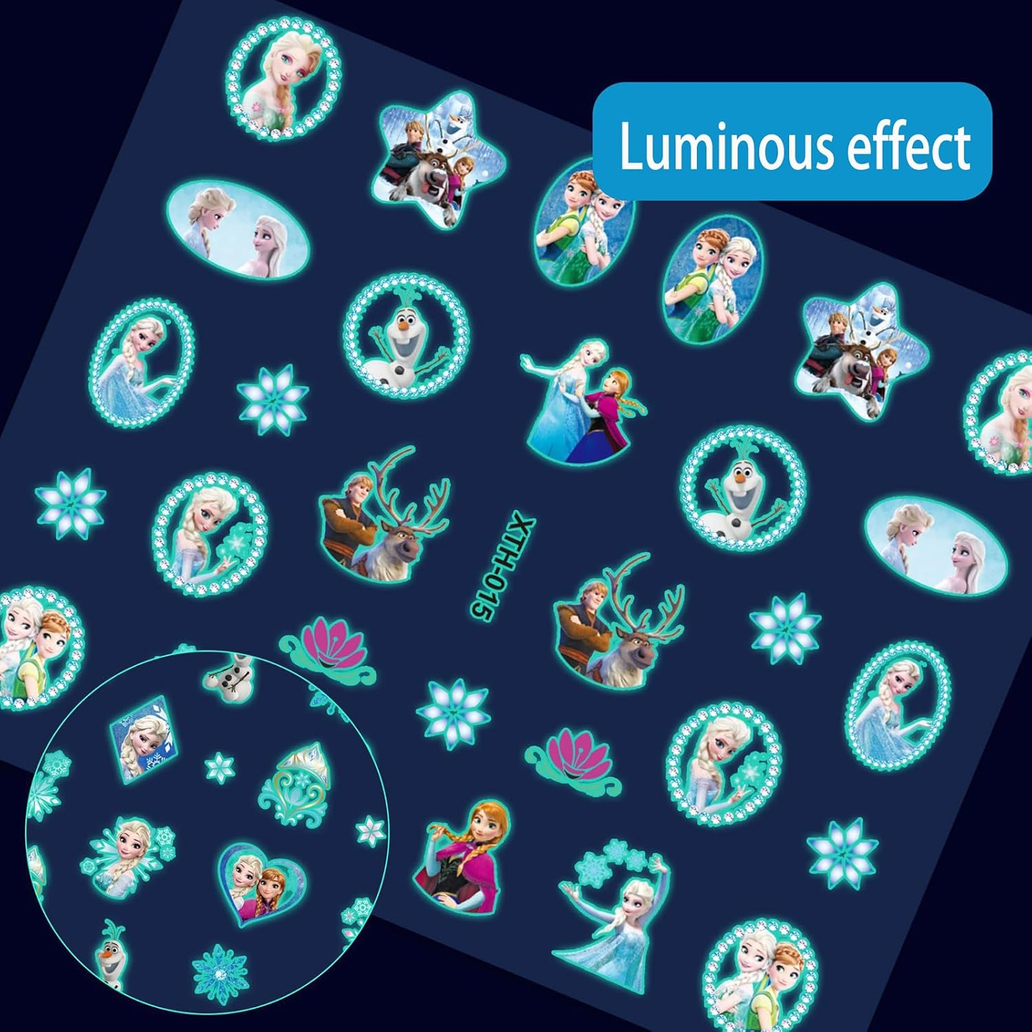 BUYLONG Nail Art Stickers,30Pcs Frozen Princess Luminous Nail Stickers for Kids,Cute Kawaii Cartoon Nail Stikers Self-Adhesive Nail Decals for Little Girls Birthday Xmas New Year Nail Tip Decoration