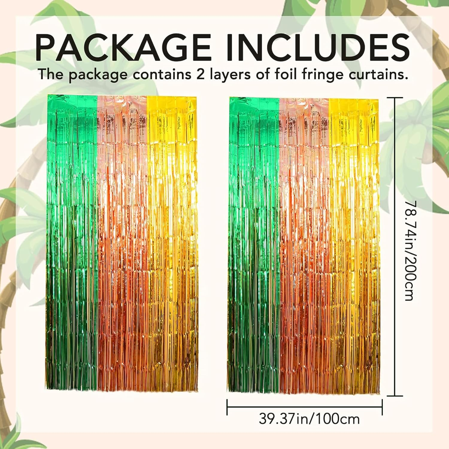 Hawaiian Luau Party Foil Fringe Curtains,2 Packs of 3.3X6.6 Ft Green Brown and Yellow Foil Fringe Curtains,Tinsel Photo Booth Props,Streamer Backdrop for Hawaiian Tropical Beach Party Decorations image number 1