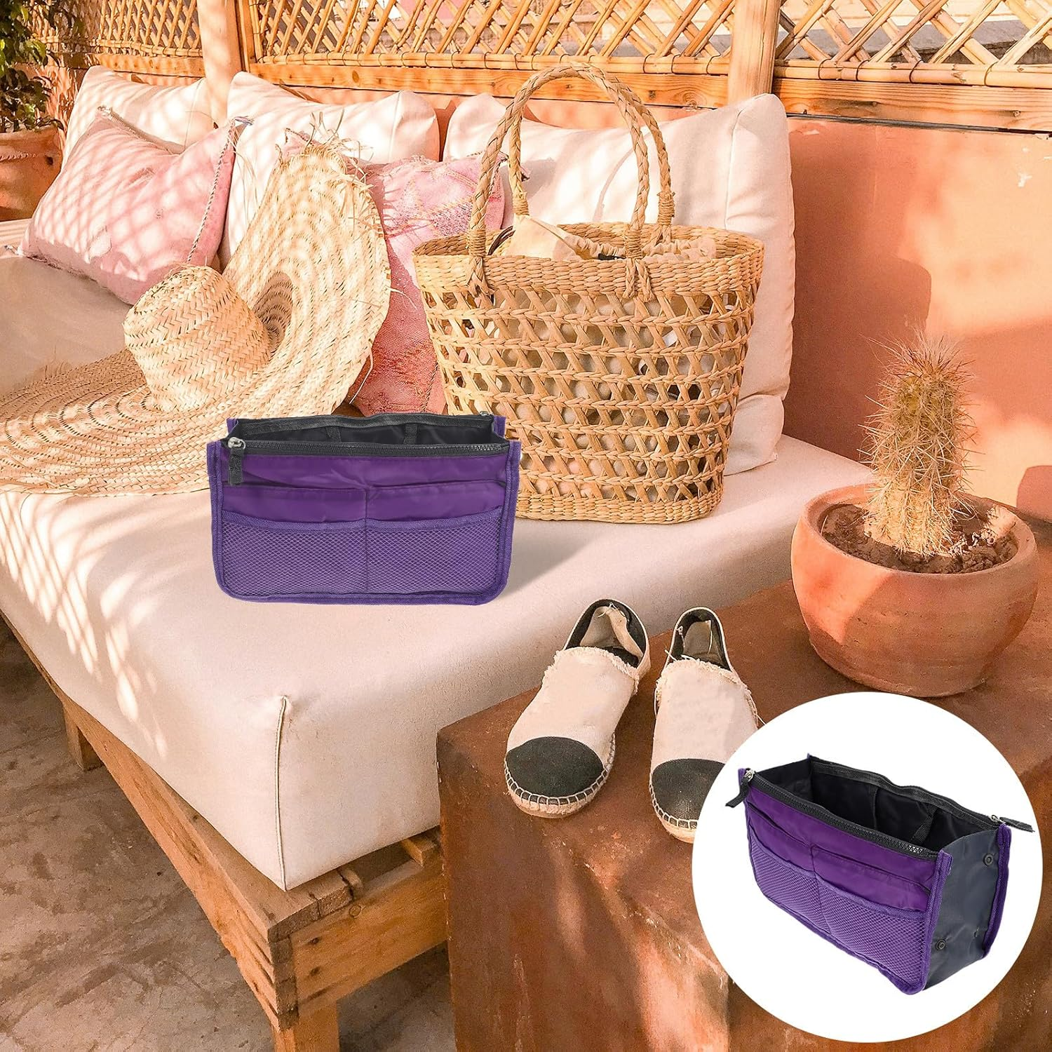 WESIEVYA Multipurpose Foldable Handbag Liner with Double Layers and Multiple Pockets Large Capacity Nylon Travel Bag Organizer for Women Purple image number 5