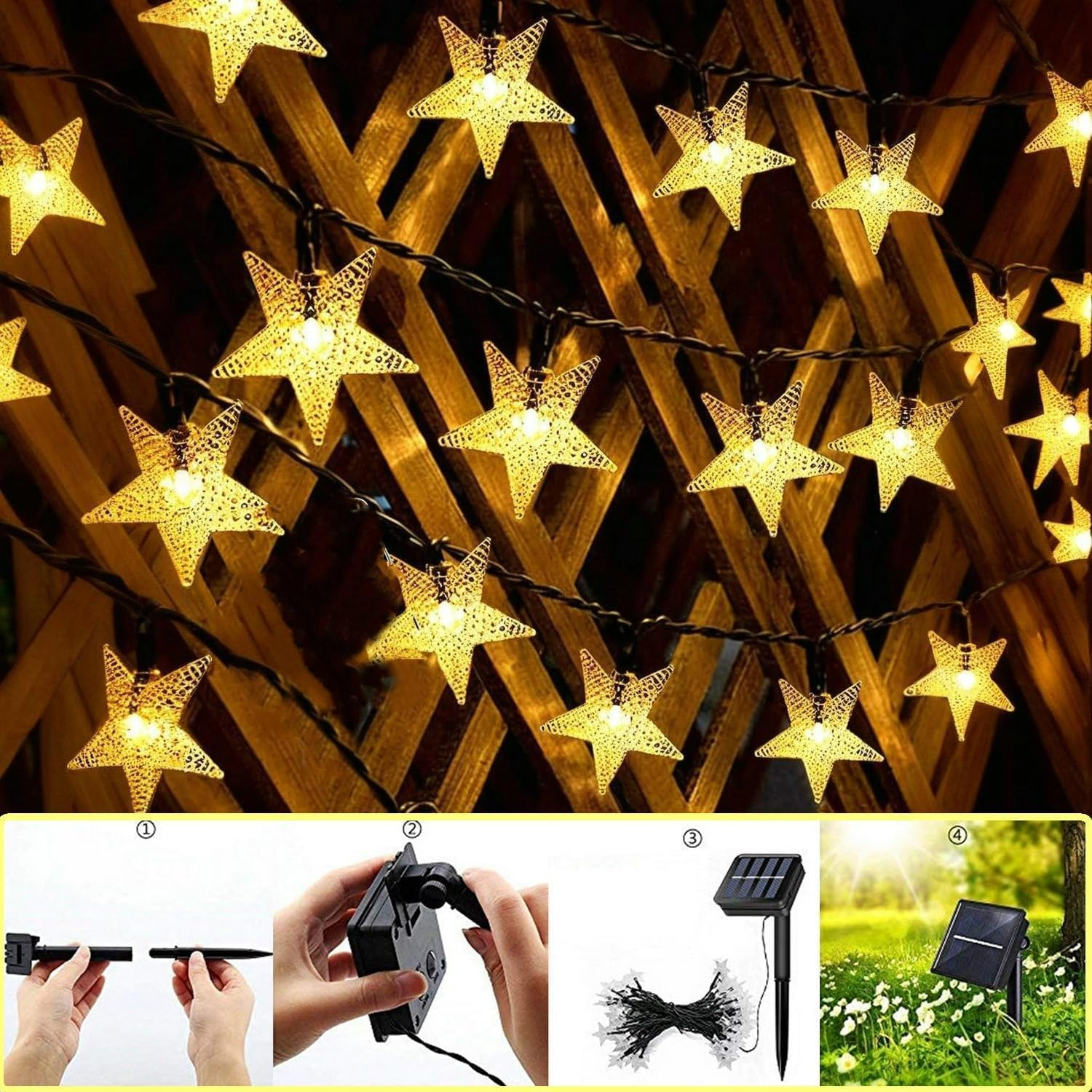 Solar String Lights Garden, 50 LED Star Fairy Lights Outdoor Solar Powered Led Star String Light Waterproof 8 Modes Decorative Light for Garden Patio Yard Home Wedding Party(Yellow - Yellow image number 2