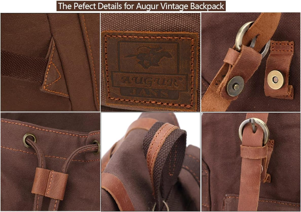 AUGUR Vintage Canvas Leather Backpack Large Laptop Rucksack Bookbag Satchel Hiking Bag image number 6