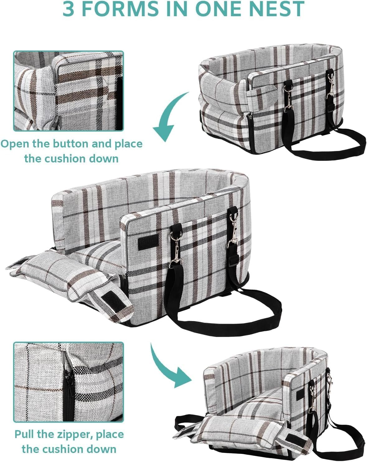 Pet Car Seat for Small Dogs and Puppies &ndash; Anti-Collapse Center Console Seat with Soft Cushion and Safety Belt, Portable Armrest Seat for Pets up to 7 Kg (Grid-Grey) image number 2