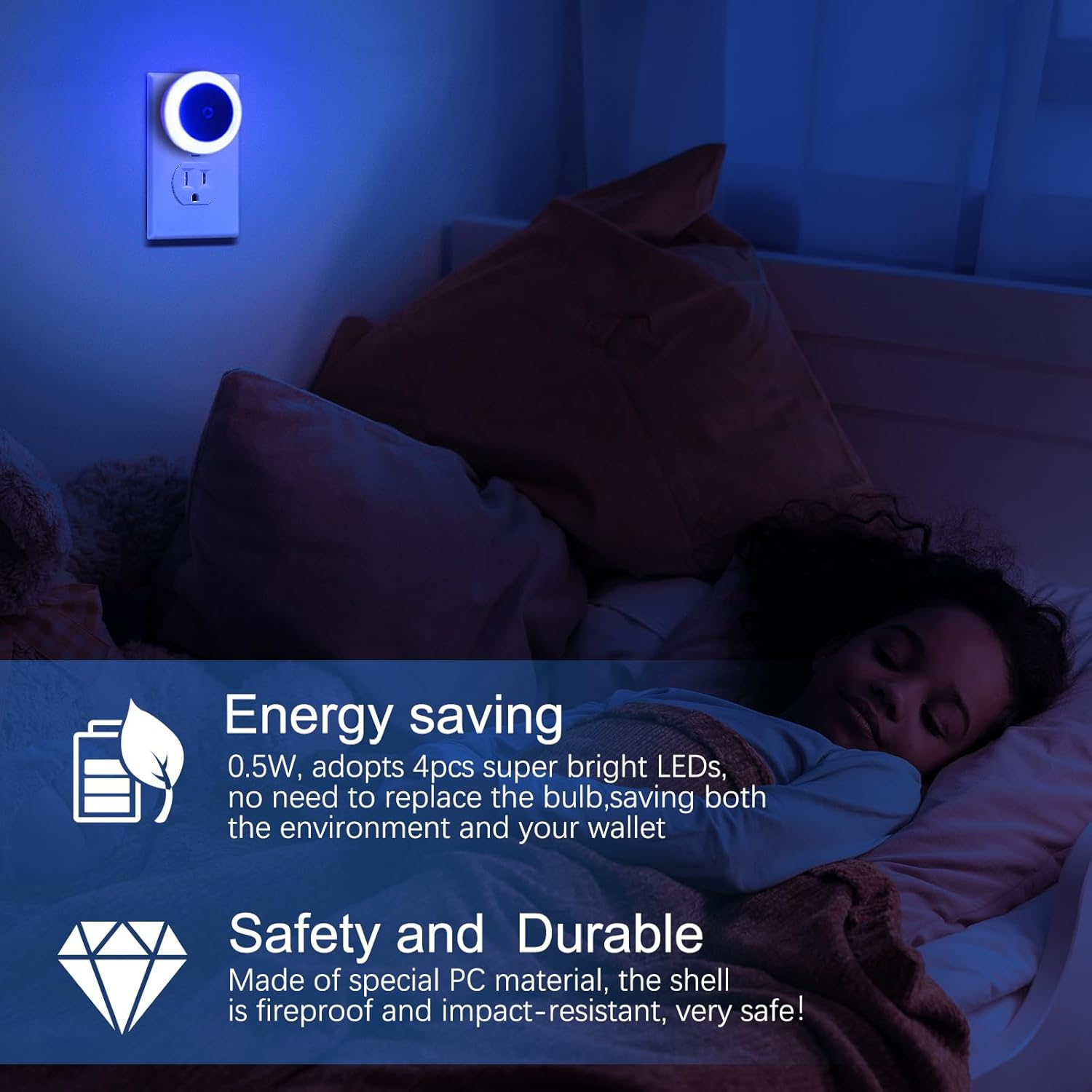 VIPMOON 4Pack Plug in Night Light, Auto Dusk to Dawn Sensor, Indoor Kid Baby Night Light Sensor, Auto LED Night Lights for Bedroom, Bathroom, Wall, Stairs, Cabinet, Hallway. AU Plug Blue - White image number 3