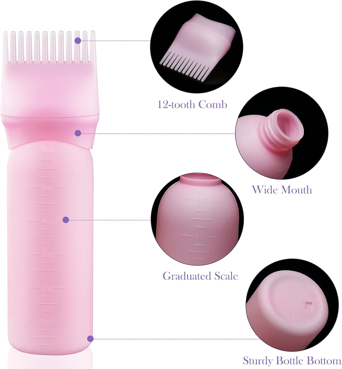 6PCS Large Capacity Root Comb Applicator Bottle, Hair Dye Brushroot Comb Squeeze Applicator Bottles for Hair Root Color with Graduated Scale(Color:Pink White Purple) image number 5