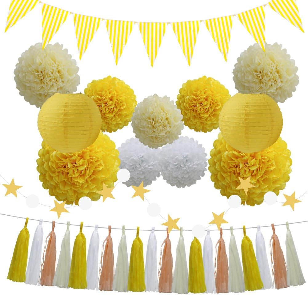 (Yellow) - 33Pcs Party Decoration Supplies Set, Yellow Tissue Paper Pom Poms Flowers Paper Lanterns Tassels Hanging Garland Banner Triangle Flag Bunting for Birthday, Bridal, Baby Shower, Wedding Graduation image number 3