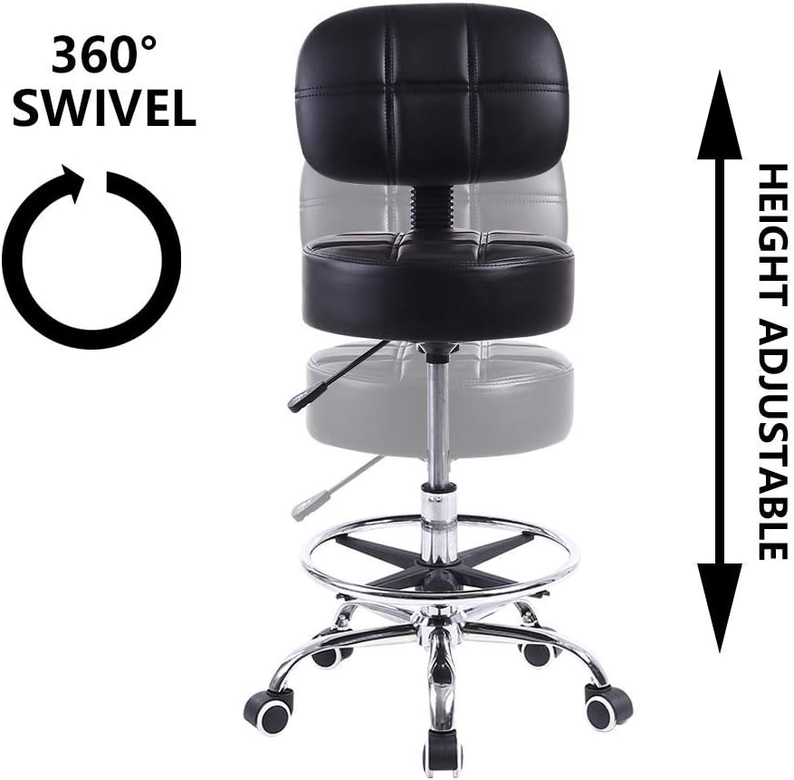 KKTONER Swivel round Rolling Stool PU Leather with Adjustable Foot Rest Height Adjustable Task Work Drafting Chair with Back - White image number 7