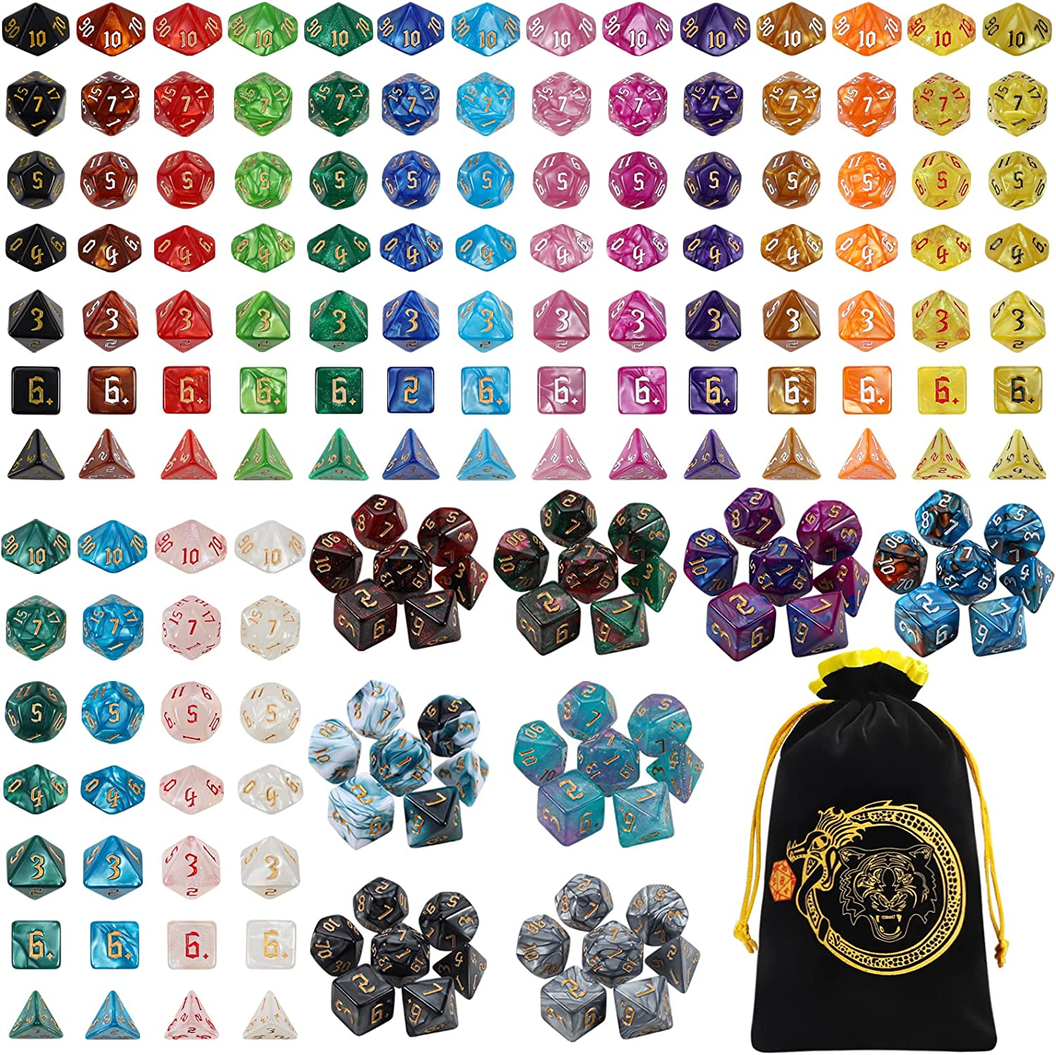 DND Dice Sets - 26 X 7 Polyhedral Dice (182Pcs) with a Large Drawstring Bag Great for Dungeons and Dragons, Role Playing Table Game
