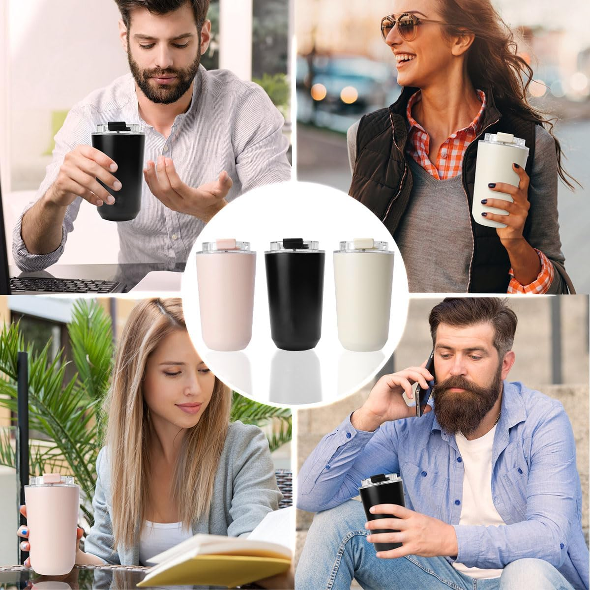 XBOGO Coffee Mug with Lid, 12 OZ Travel Mug, Leak-Proof to Go Coffee Mug, Stainless Steel Thermal with Double Wall, Insulated Tumbler for Men Women for Hot & Cold Drinks (Pink) - Black image number 5