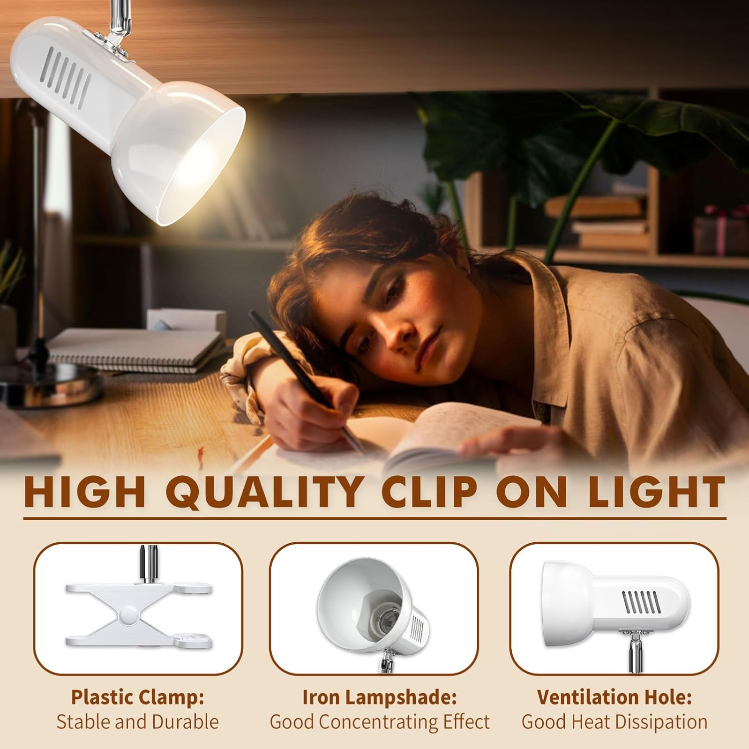 Tobebright Clip on Reading Light for Bed, Desk Clamp E27 Adjustable Holder with Plug and Switch, 360Degree Rotating Headboard Lamp Bedside Grow Light Portable Little Spotlight White(Bulb Not Included) image number 3