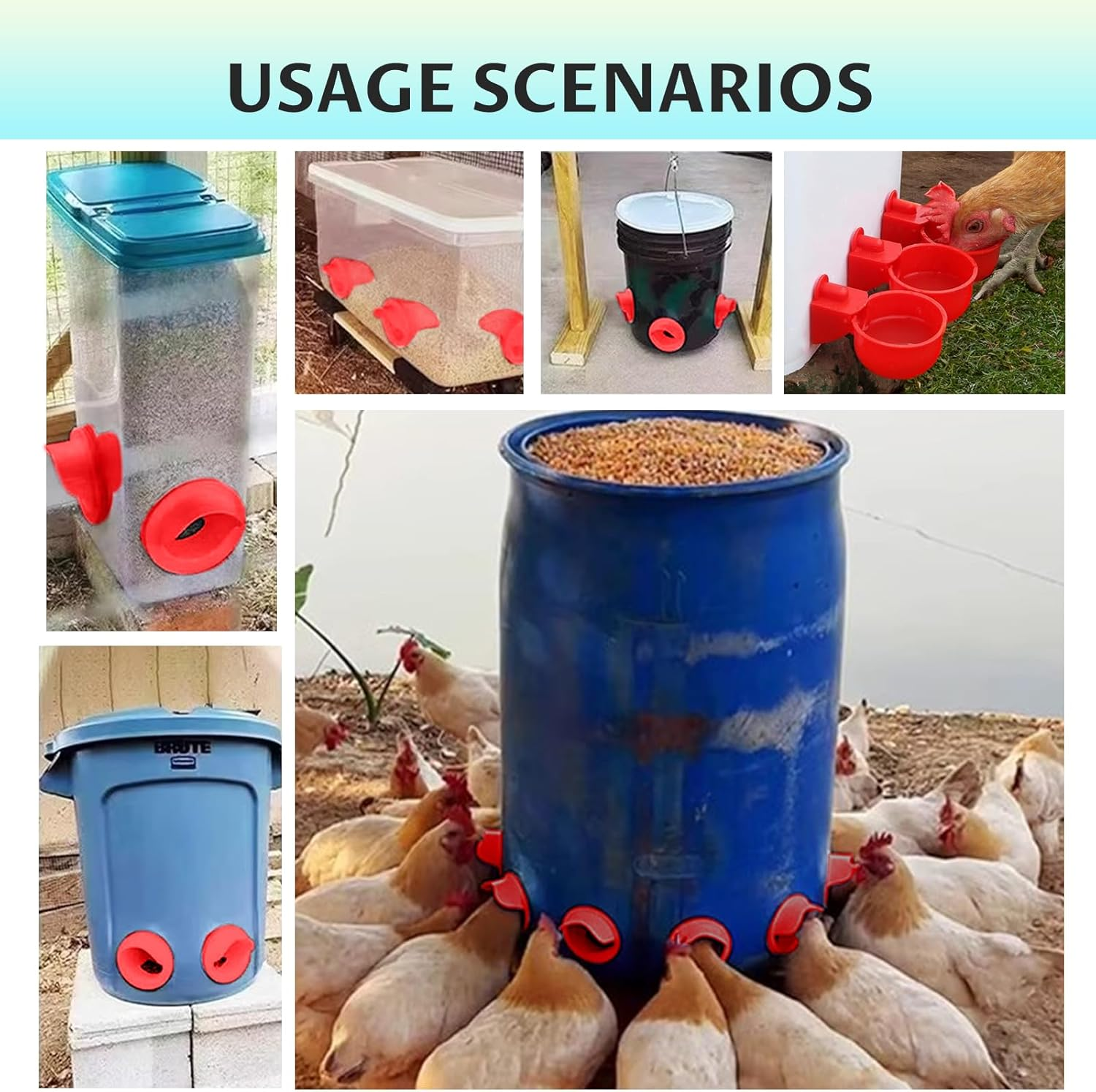 6 Port Chicken Feeder for Bucket No Waste Automatic Gravity Poultry Feeder, Rat Proof Weatherproof, Easy to Install for Hens, Chicks, and Wild Birds (Red, PP Material) image number 2