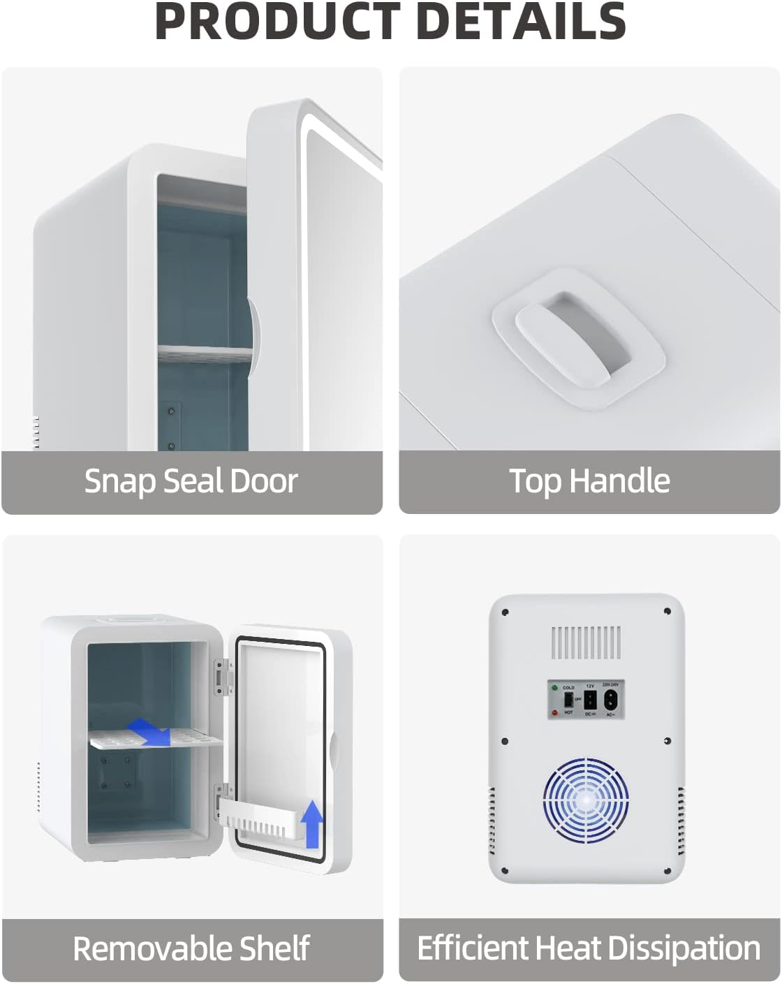 YOPOWER Mini Skincare Fridge with Dimmable LED Light Mirror, 8L Portable Makeup Fridge Cooler and Warmer for Bedroom, Car, Office, Small Refrigerator AC/DC Powered for Cosmetics and Food, White