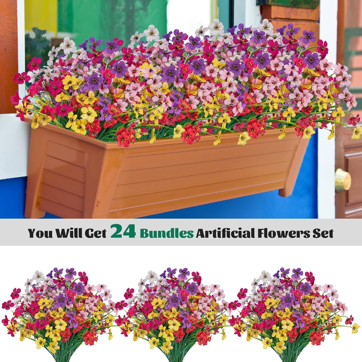 24 Pcs Artificial Flowers for Outdoor,Plastic Flowers Decoration, UV Resistant Faux Flowers Shrubs, Artificial Plants for Indoor outside Garden Home Wedding Farmhouse（6 Color）