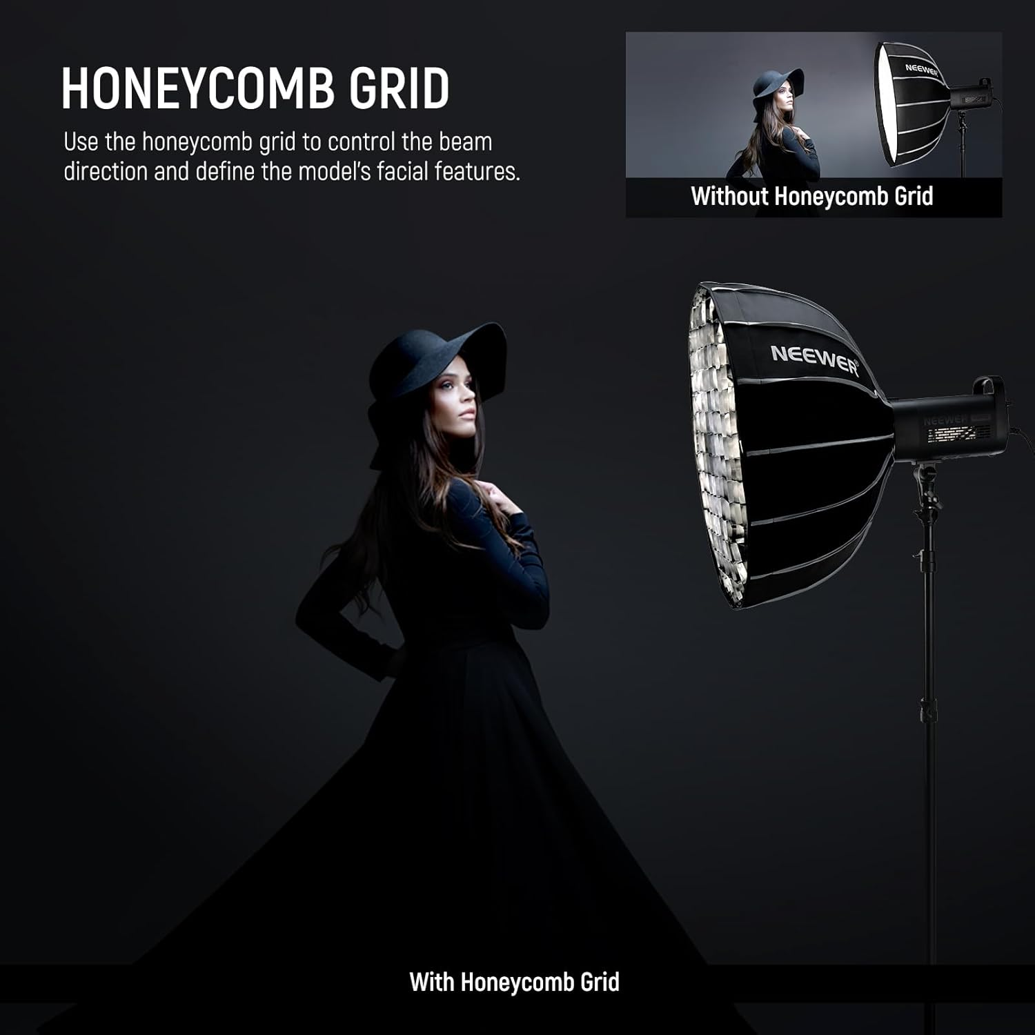 NEEWER 25.6"/65Cm Softbox Parabolic Hexadecagon, Quick Setup/Fold like Umbrella with Bowens Mount, Metal Beauty Dish/Diffusers/Grid/Bag for CB200B CB60 MS60B MS60C Compatible with Aputure Godox, NS65U image number 2