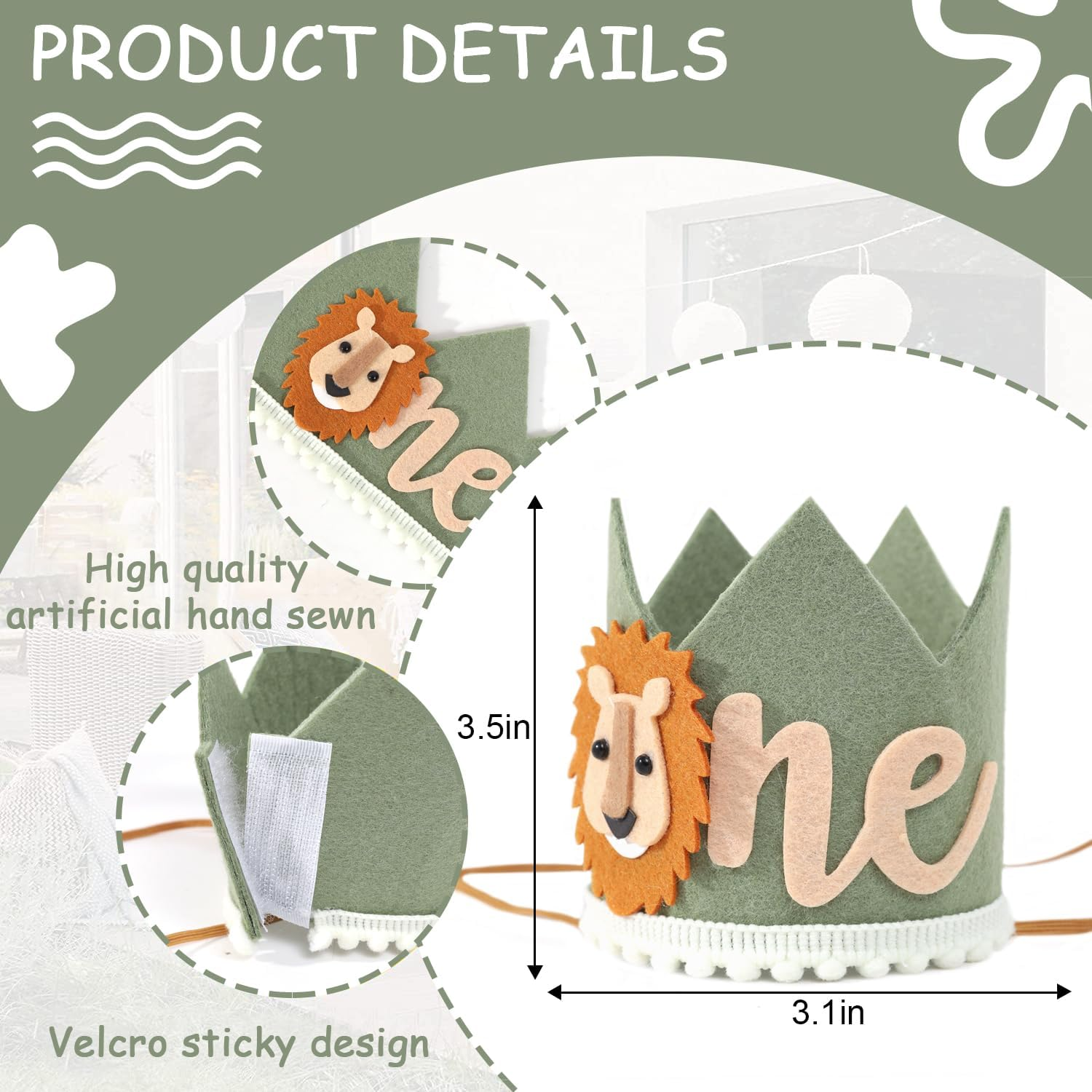 Lion Theme First Birthday Crown - Safari 1St Birthday Hat for Boys,Wild One Birthday Decoration,Photo Booth Props image number 5