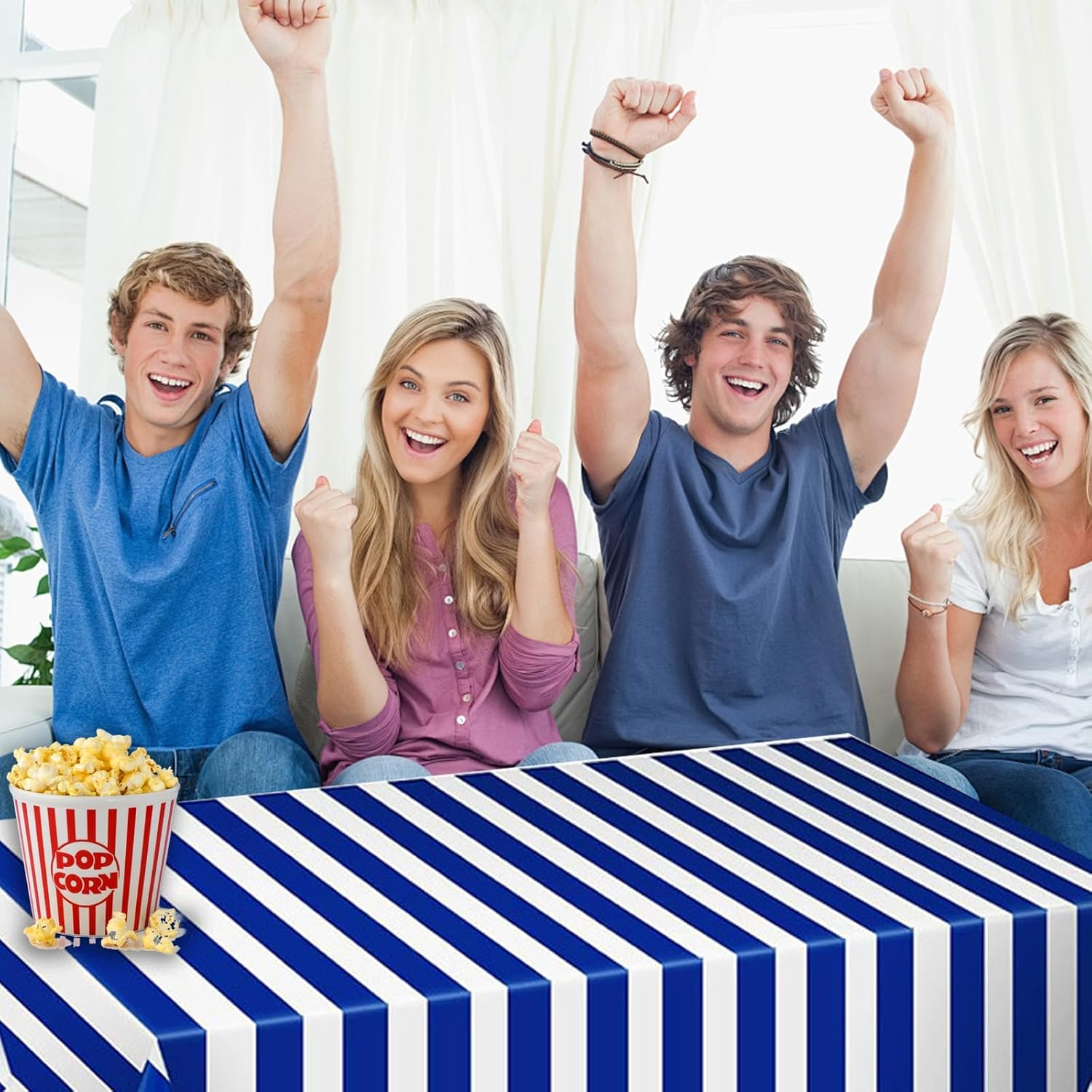 OQOQ Navy Blue and White Striped Tablecloth(3 Pack) - 54X108 Inches Father'S Day Party Decoration Supplies Disposable Plastic Rectangular Table Cloth for Birthday Ocean Nautical Theme Party Picnic image number 3