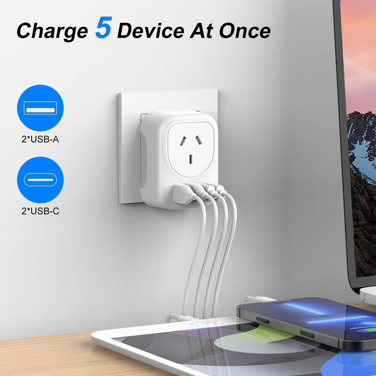 RXSQUL AU to EU Travel Adapter, Australia to European Travel Plug Adaptor, Europe Ground Outlet with Type E/F Plug and 4Xusb for AUS to Bali Germany Spain France Greece Netherlands Turkey image number 3