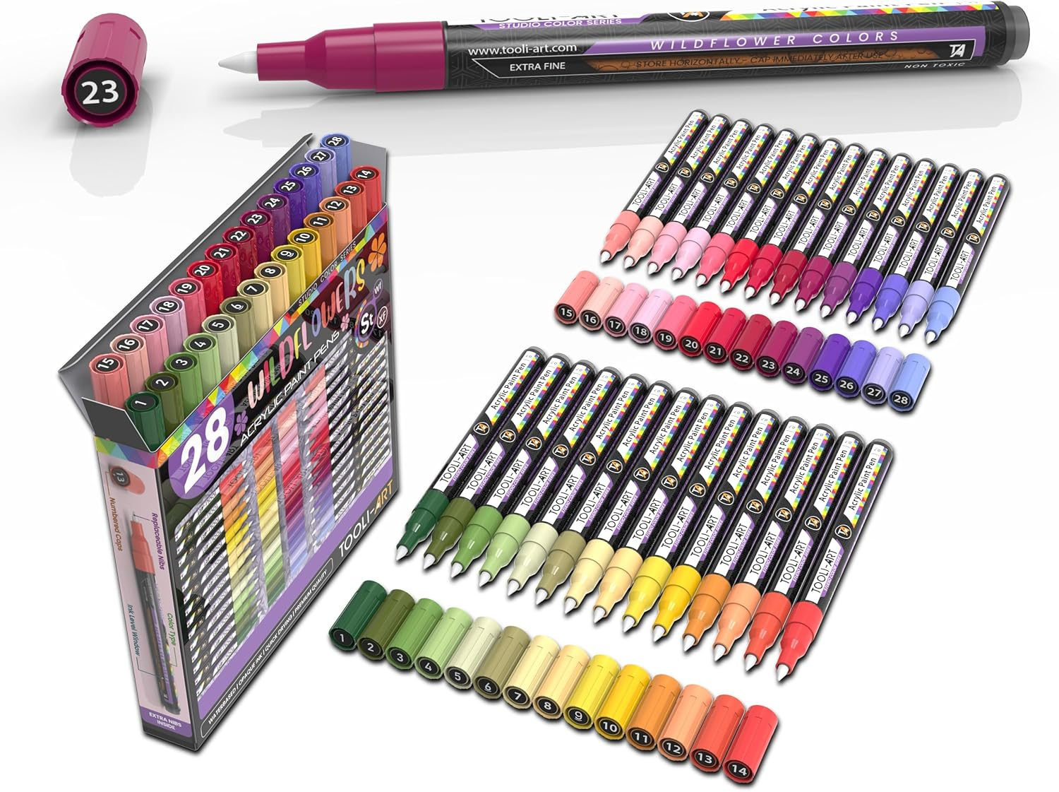 28 Wildflower Colours Acrylic Paint Pens Studio Colour Series Markers Set 0.7Mm Extra Fine Tip, Rock Painting, Glass, Mugs, Wood, Metal, Canvas, DIY, Detailing. Non Toxic, Waterbased, Quick Drying image number 6