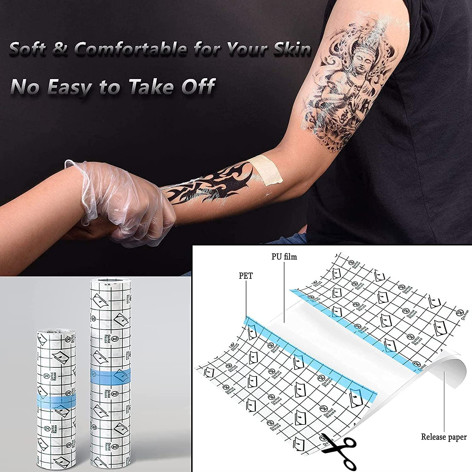 Tattoo Aftercare Bandage Roll Waterproof Transparent Film Second Skin Bandage for Tattoo Initial Healing and Skin Repair Adhesive Tattoo Supply Wrap (6 in X 5 Yd Roll) image number 3
