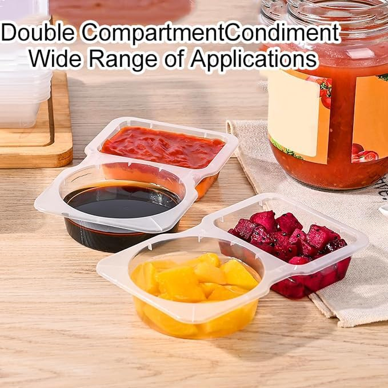 WEZCHUGHAOL 20 Pcs Double Compartment Condiment Containers with Lids 2024 New Reusable Plastic Condiment Snack Containers 2 Sided Compartment Packs for To-Go Dip, Sauce, Sampling, Travel Snack (150ML)