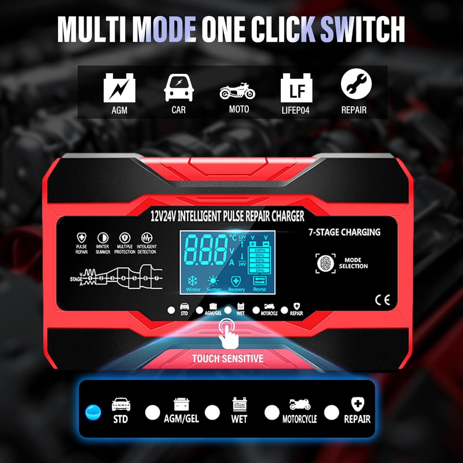 Car Battery Charger 10-Amp, 12V/24V Smart Car Charger with LCD Display，Trickle Charger Fully Automatic Battery Maintainer with Temperature Compensation for Car Truck Lawn Batteries image number 2
