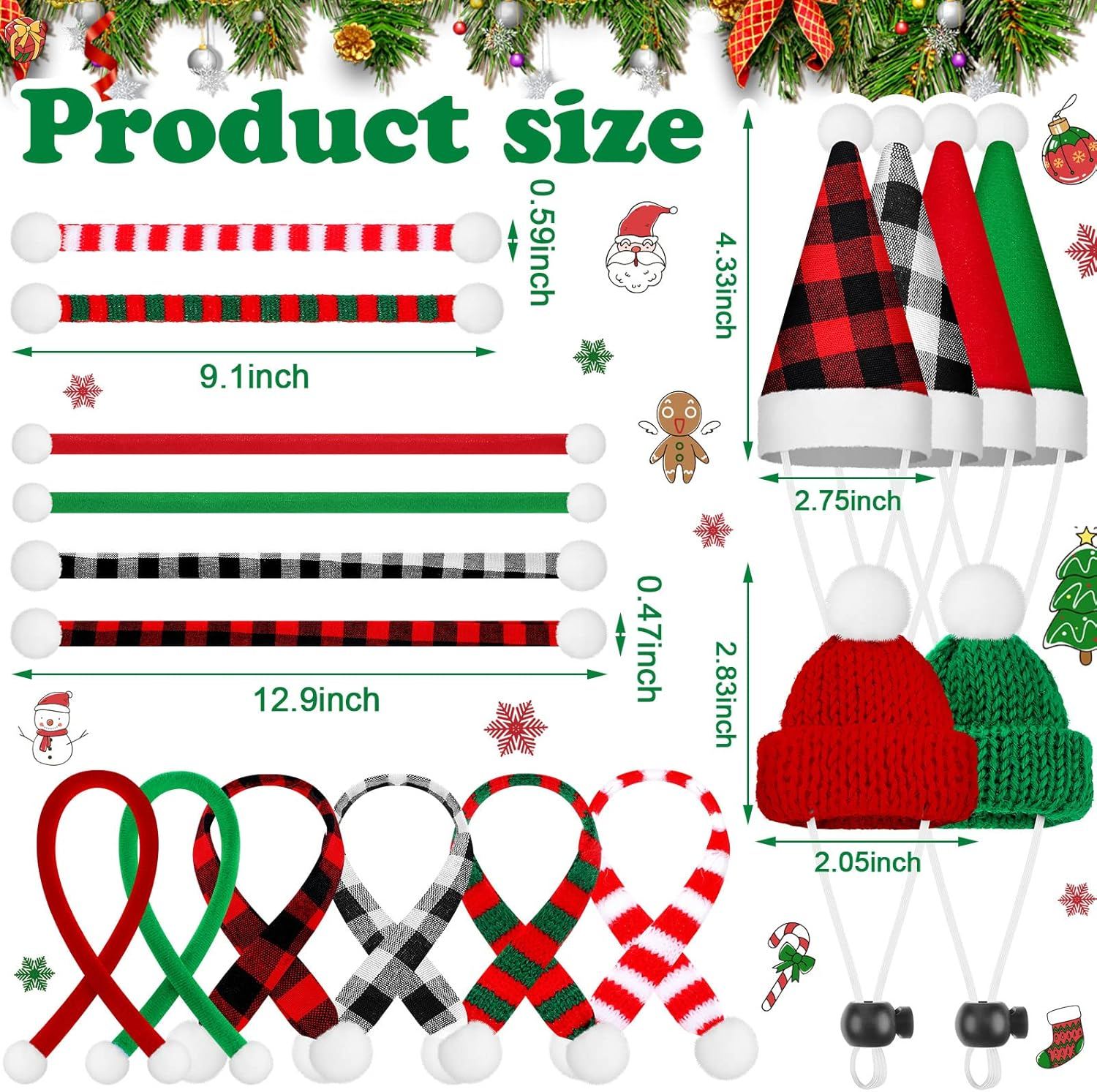 12 Pieces Small Animal Christmas Costume Mini Santa Hat and Scarf Xmas Guinea Pig Adjustable Warm Stripe Knit Scarf and Buffalo Plaid Hat for Rabbit Hamster Guinea Pig Bunny Chinchilla Small Pets image number 5