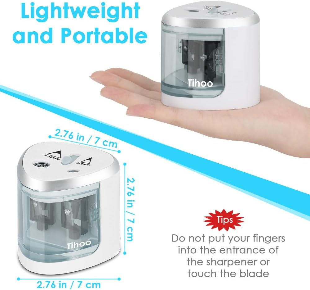 WOTOW Electric Portable Pencil Sharpener for Students, Battery Operated Double Hole Automatic Sharpeners for 6-8Mm and 9-12Mm Pencils, Ideal for School Family and Office image number 1